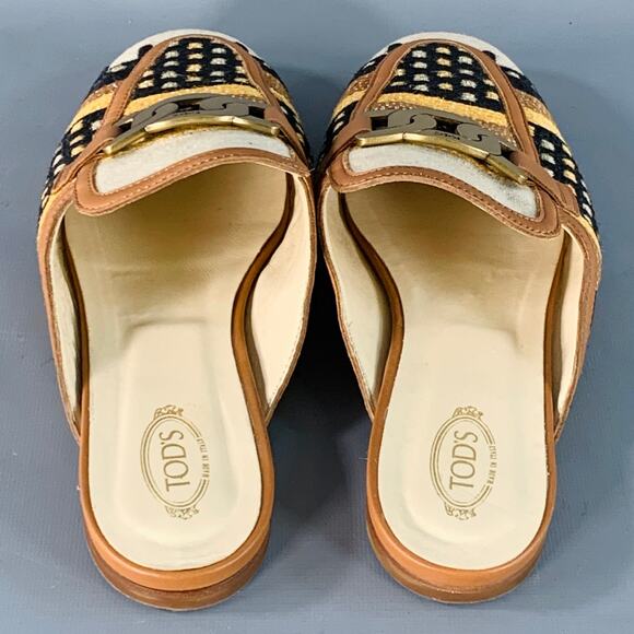 TOD'S Size 11 Tan Multi Color Canvas Abstract Chain Buckle Slip On Flats - Picture 3 of 8